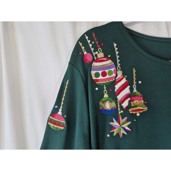 Quacker Factory Womens Emerald Green Holiday Christmas Embroidered Sweater XL - Picture 4 of 8